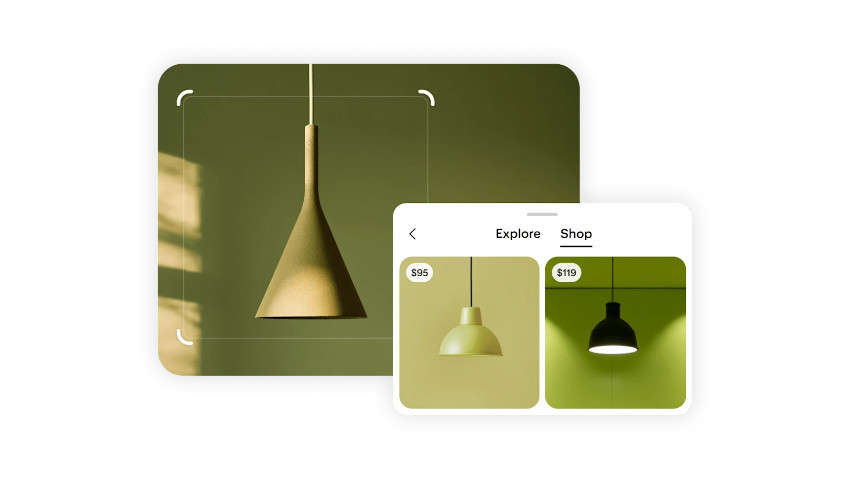 Minimalist pendant lamp and interface showing similar lighting options.