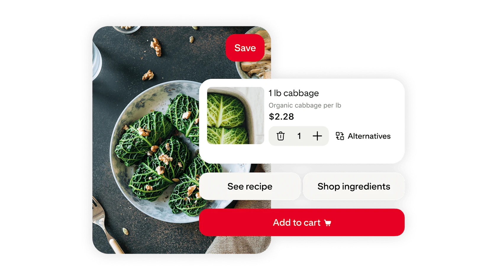 A recipe interface displaying a bowl of cabbage rolls with an ingredient card for 1 lb of cabbage.