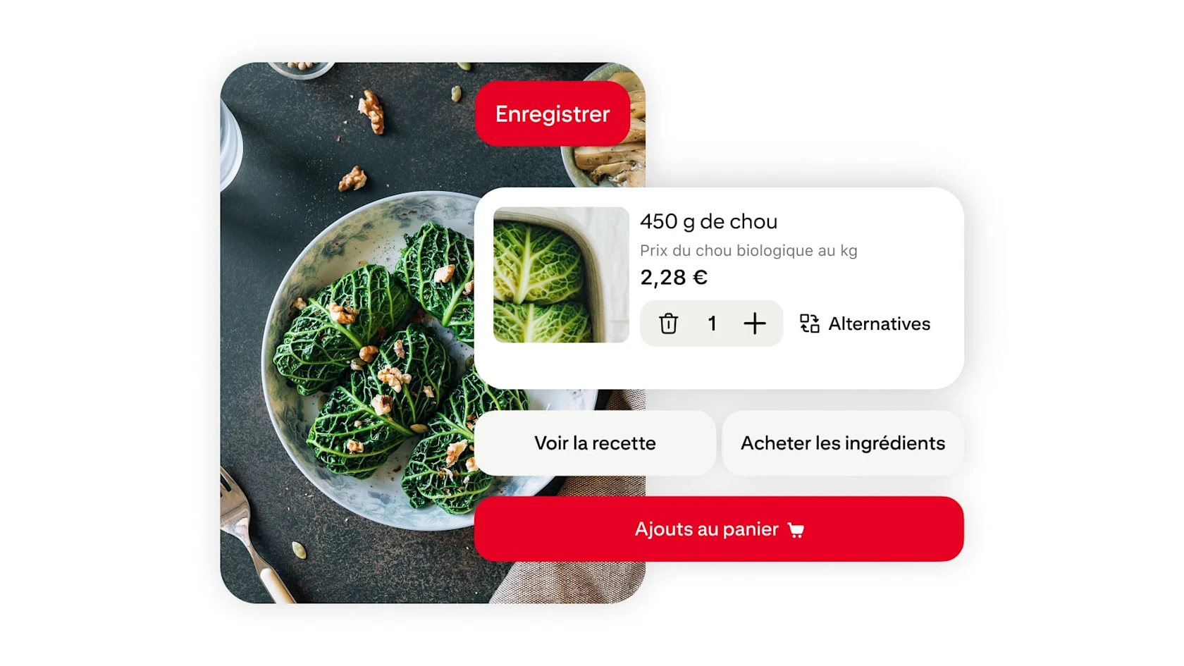 Une interface de recette affichant un bol de rouleaux de chou accompagnée d’une fiche ingrédient indiquant 450 g de chou.
