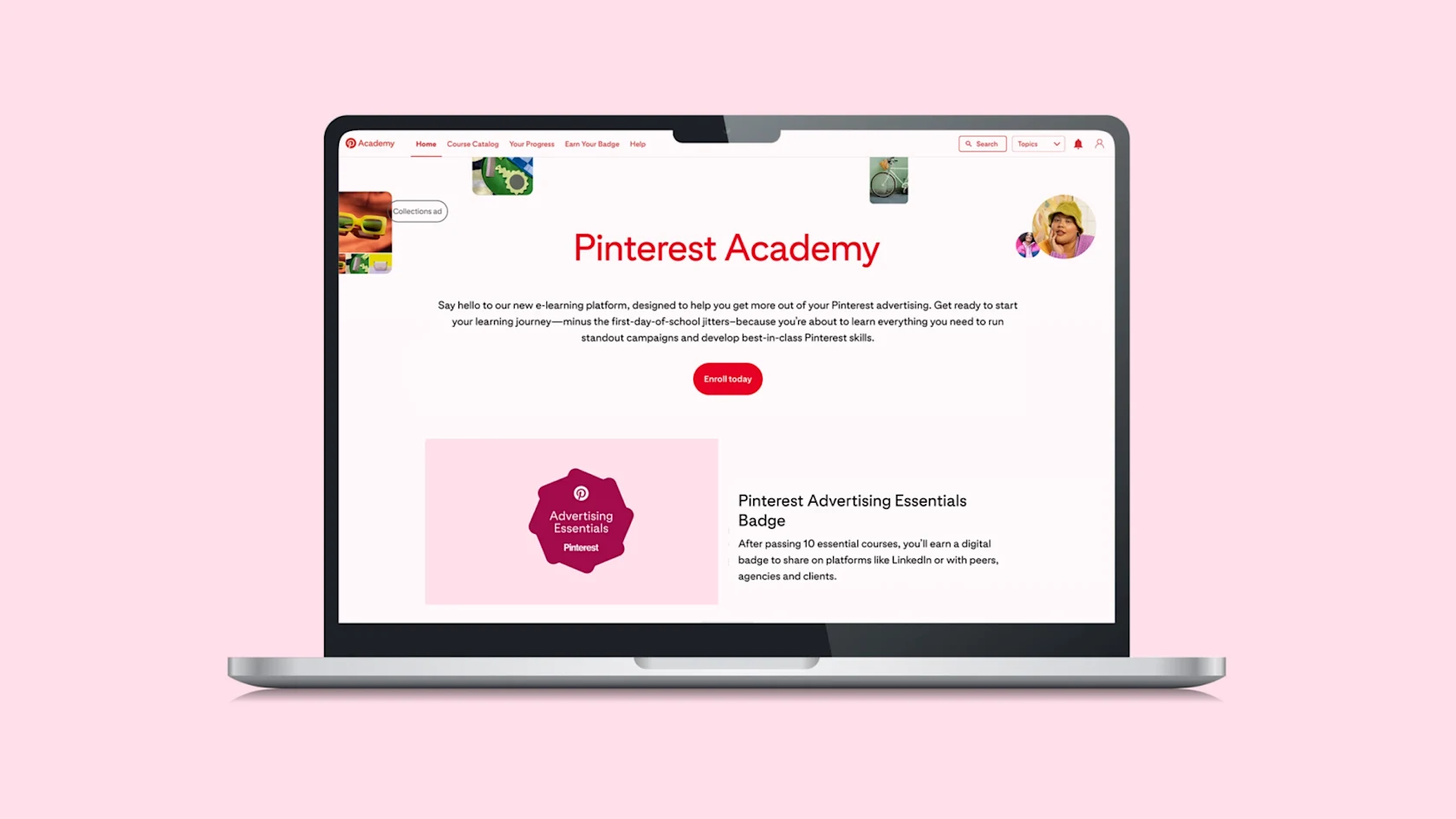 ピンクの背景の上にノートパソコンがあり、その画面に Pinterest Academy が表示されています