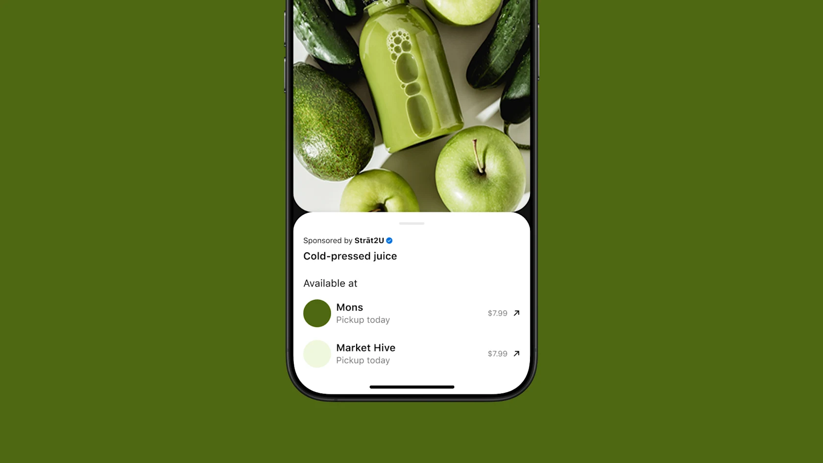 Overlaid on a green background: Image showing a sample Food ad within the home feed and the visual after tapping.