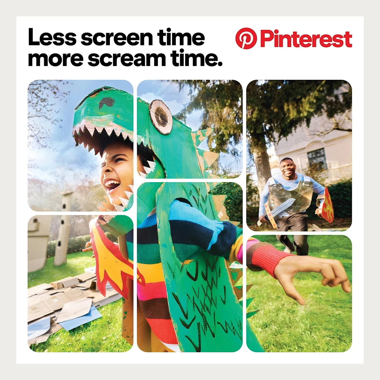 Child laughing in dinosaur costume - less screen time, more scream time