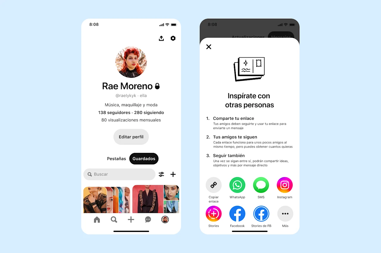 Capturas de pantalla de un perfil de Pinterest en el que se muestran nuevas opciones de privacidad para adolescentes