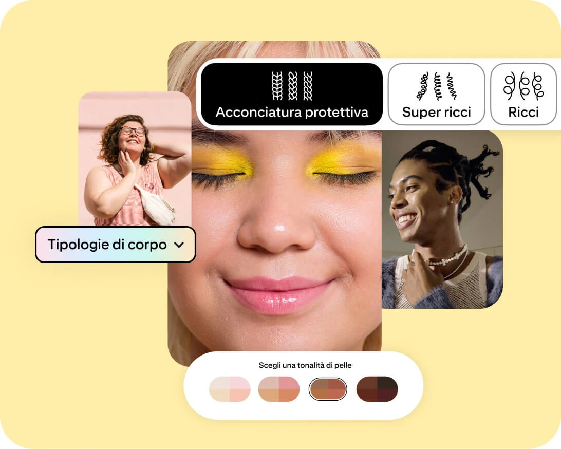 Tre foto di donne, insieme a grafiche per un menu a discesa "Gamma di tipologie di corpo", un selettore di tonalità di pelle e diverse opzioni per la tipologia di capelli.