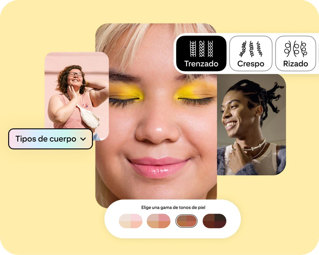 Tres fotos de mujeres, junto con gráficos para un menú desplegable de “gama de tipos de cuerpo”, un selector de tono de piel y diferentes opciones para el tipo de cabello.