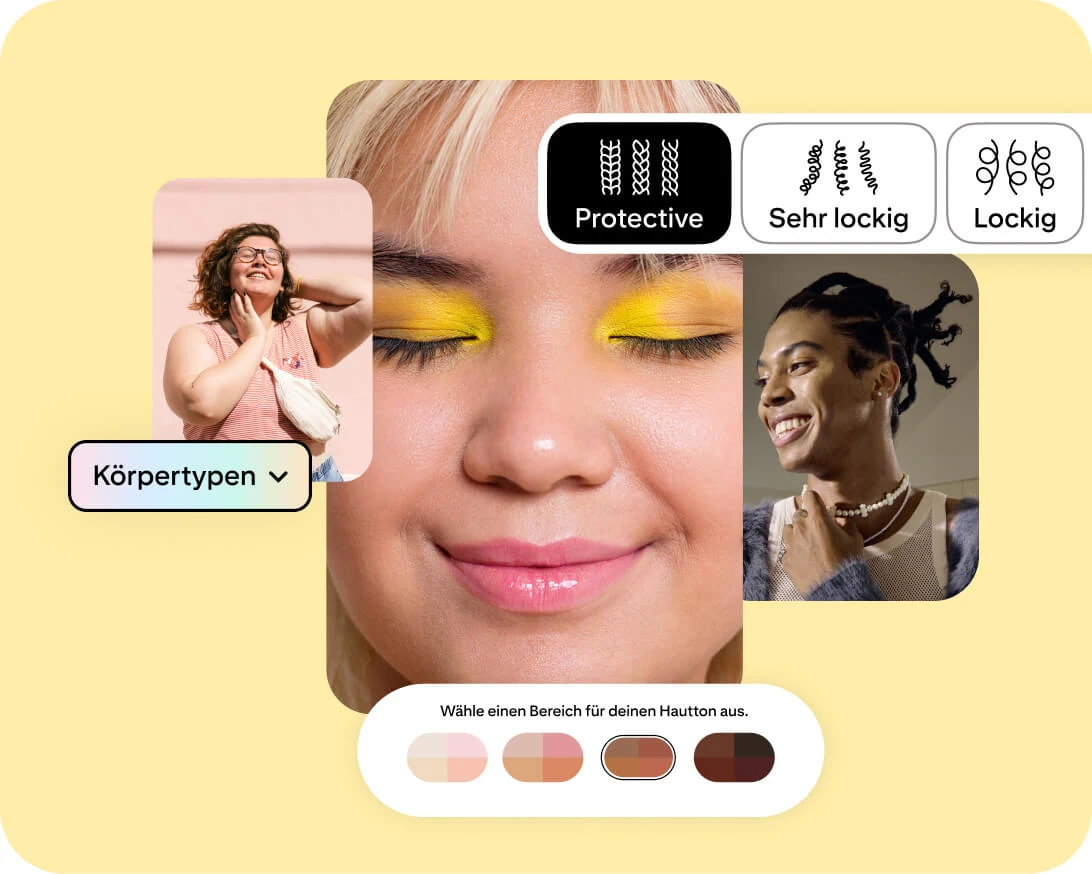 Drei Fotos, auf denen verschiedene Frauen zu sehen sind – zusammen mit Grafiken für ein Dropdown-Menü „Körpertypen“, eine Hauttonauswahl und verschiedene Optionen für Haartypen.