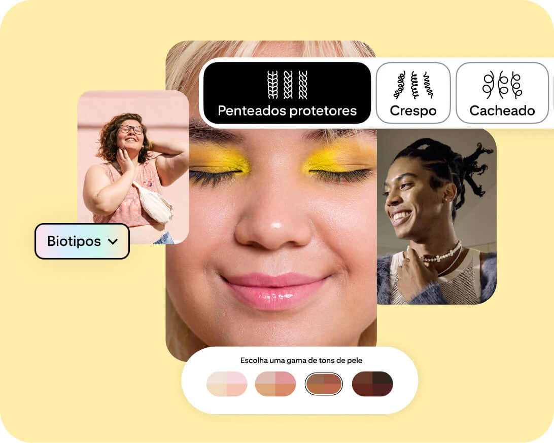 Três fotos de mulheres, com um menu suspenso "variedade de biotipos", um seletor de tons de pele e diferentes opções de tipo de cabelo.