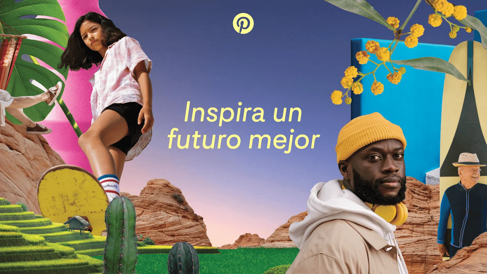 Un extravagante collage de imágenes inspiradas en Pinterest rodea las palabras "Inspira un futuro mejor"