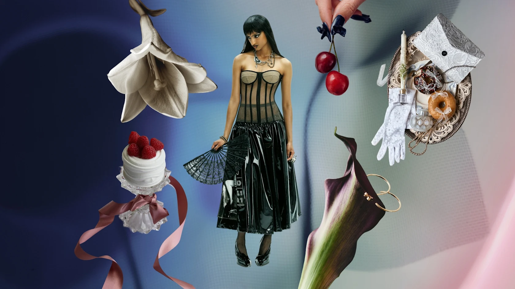 Collage de una novia gótica de la Gen Z, rodeada de recortes de flores y postres.