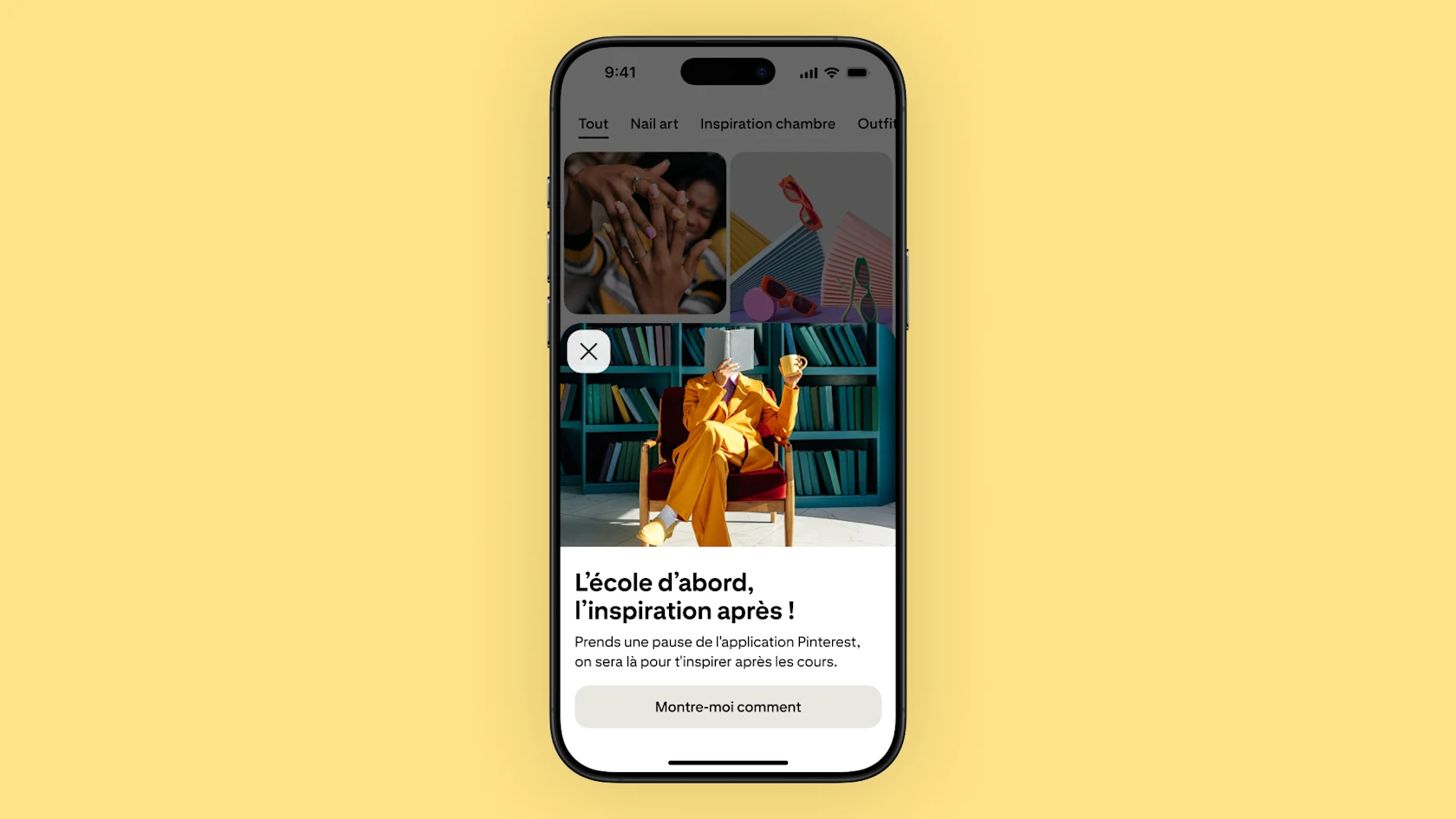 Une notification sur l'application Pinterest invite les étudiants à fermer l'application jusqu'à la fin du cours