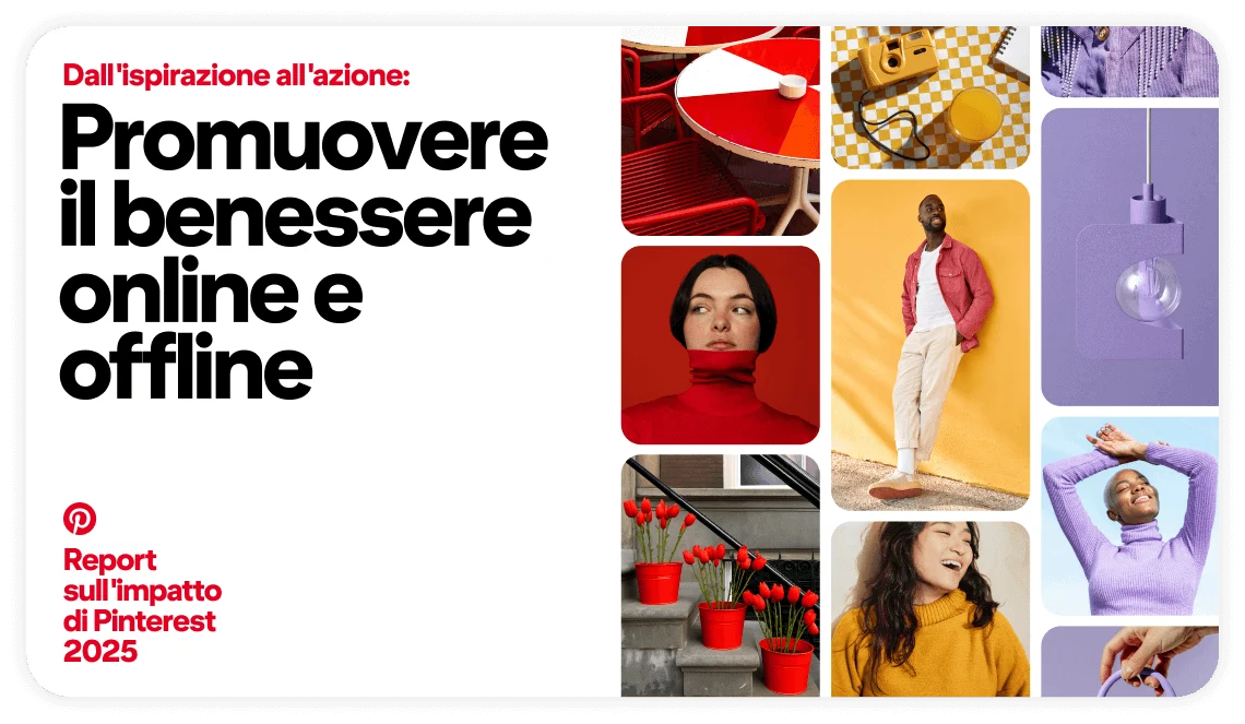 La slide iniziale del report mostra un feed dei Pin e recita: "Dall’ispirazione all’azione: promuovere il benessere online e offline. Report sull'impatto di Pinterest 2025".