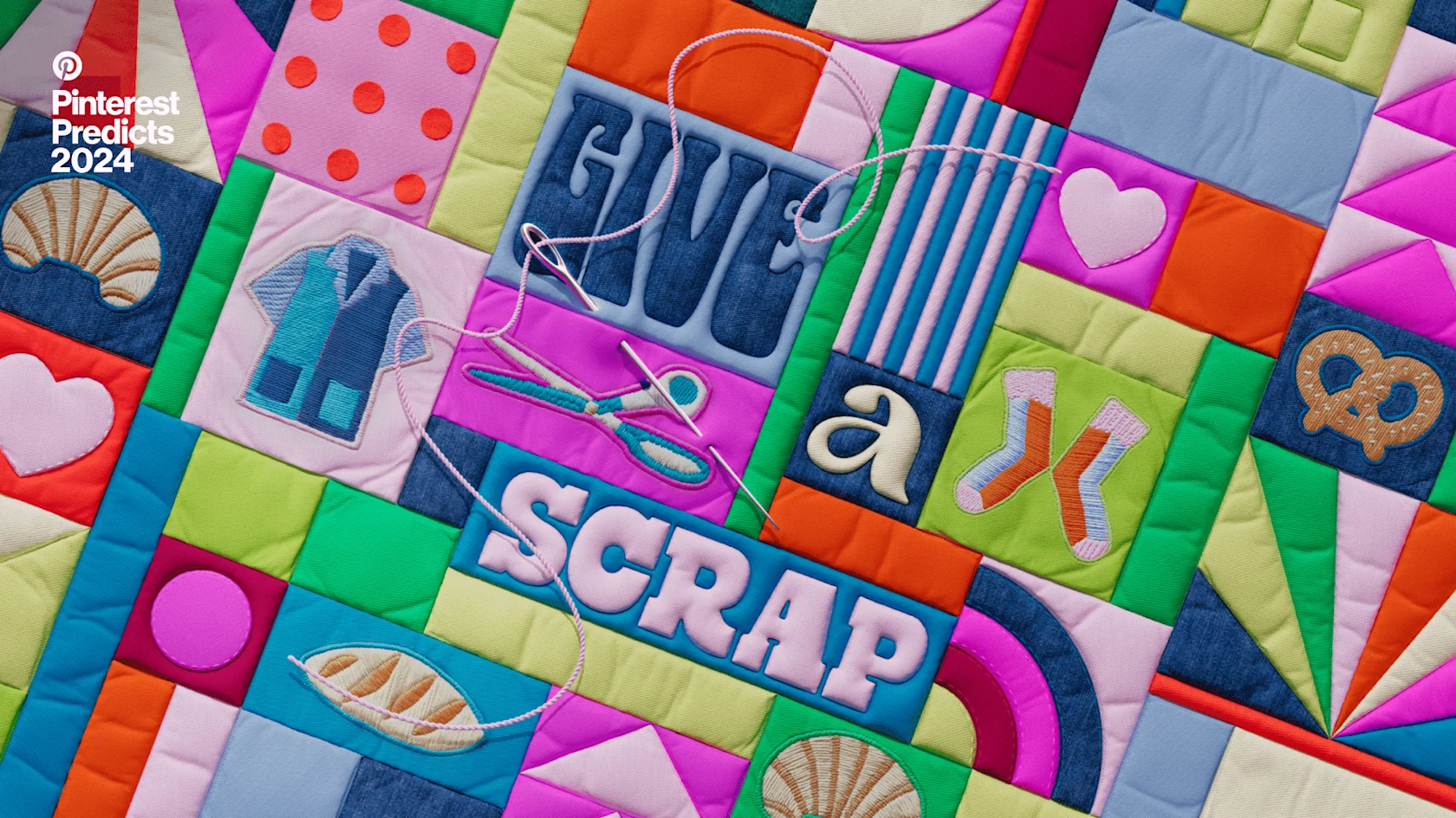 different fabrics, colors and patterns are woven together in a patchwork quilt