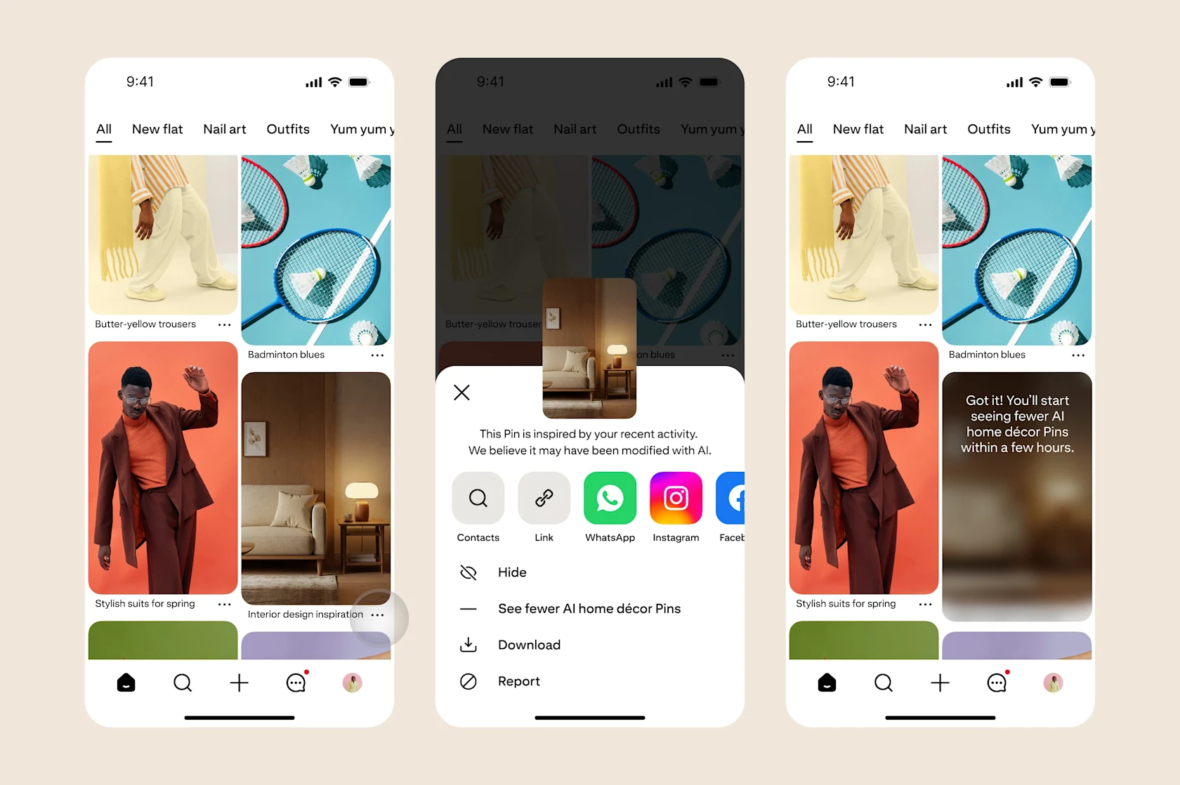 Three images show: a home-related image with details pressed, the details and options that open (learn more about AI labels, hide, see fewer AI home decor images), and the message the user receives after opting to see fewer AI home decor images.