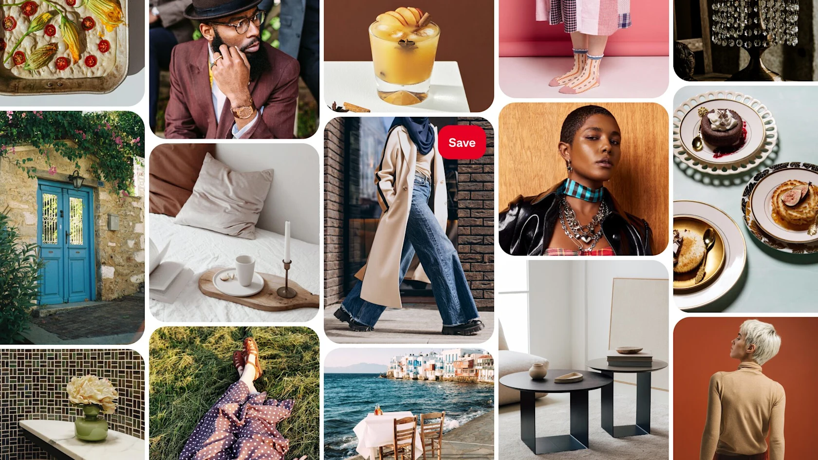 A grid of Pins showcasing fall trends on Pinterest, including baked goods, fall drinks, ocean views, and thrifted fashion
