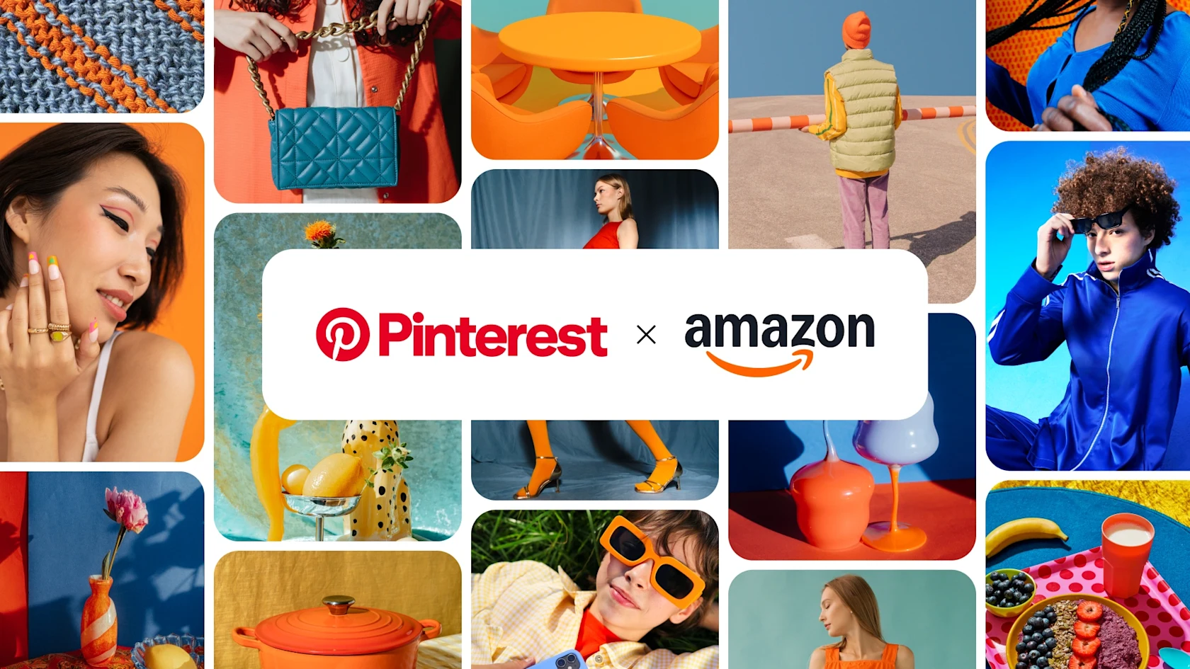 Collage of lifestyle and product images with Pinterest and Amazon logos in the centre, representing Amazon Storefront linking for creators on Pinterest.
