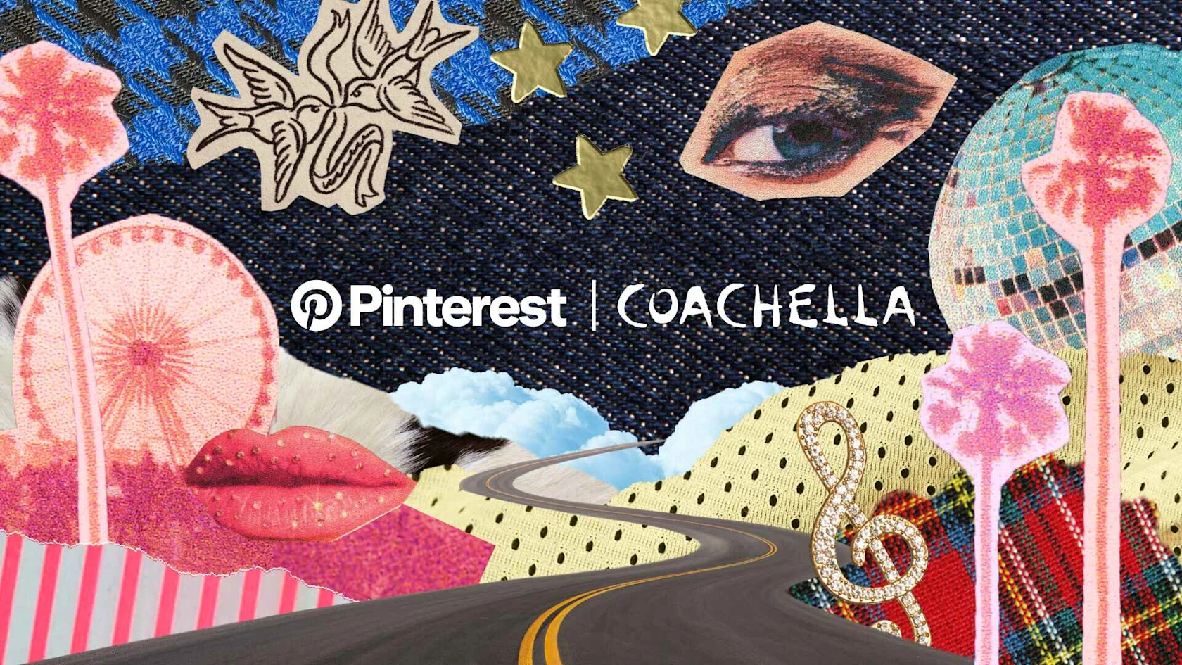 A collage of grungy makeup, pink palm trees, gold stars, and more surround the words "Pinterest | Coachella"