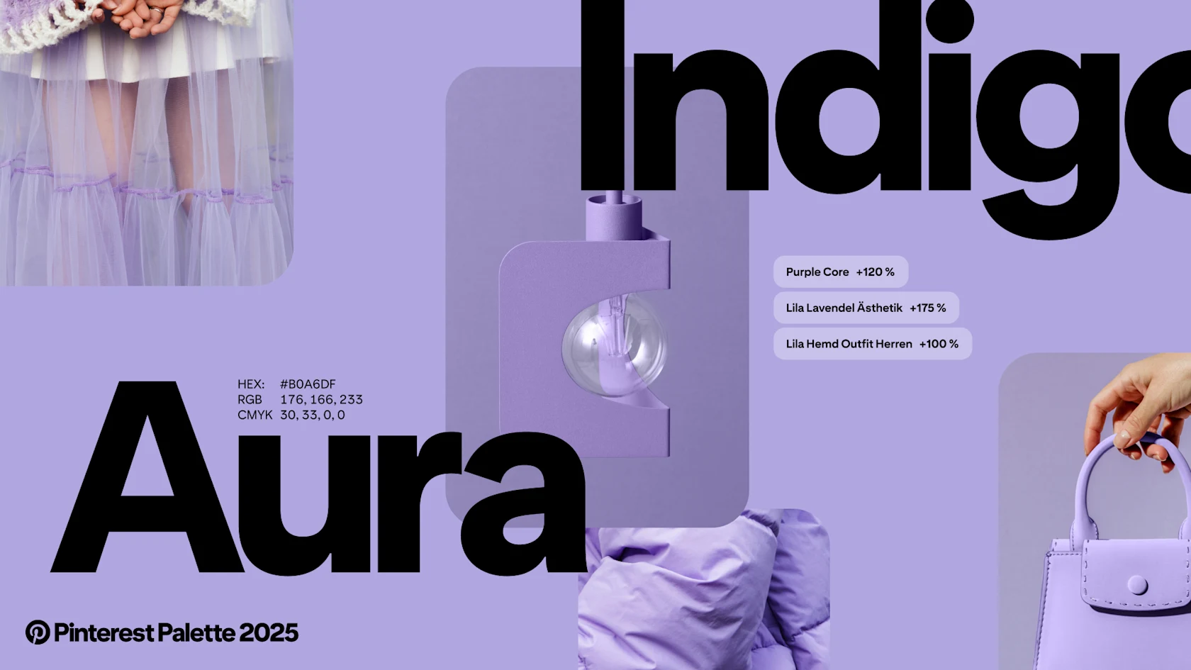 Die Wörter „Aura Indigo“ über hellvioletten Bildern und Pinterest-Suchanfragen