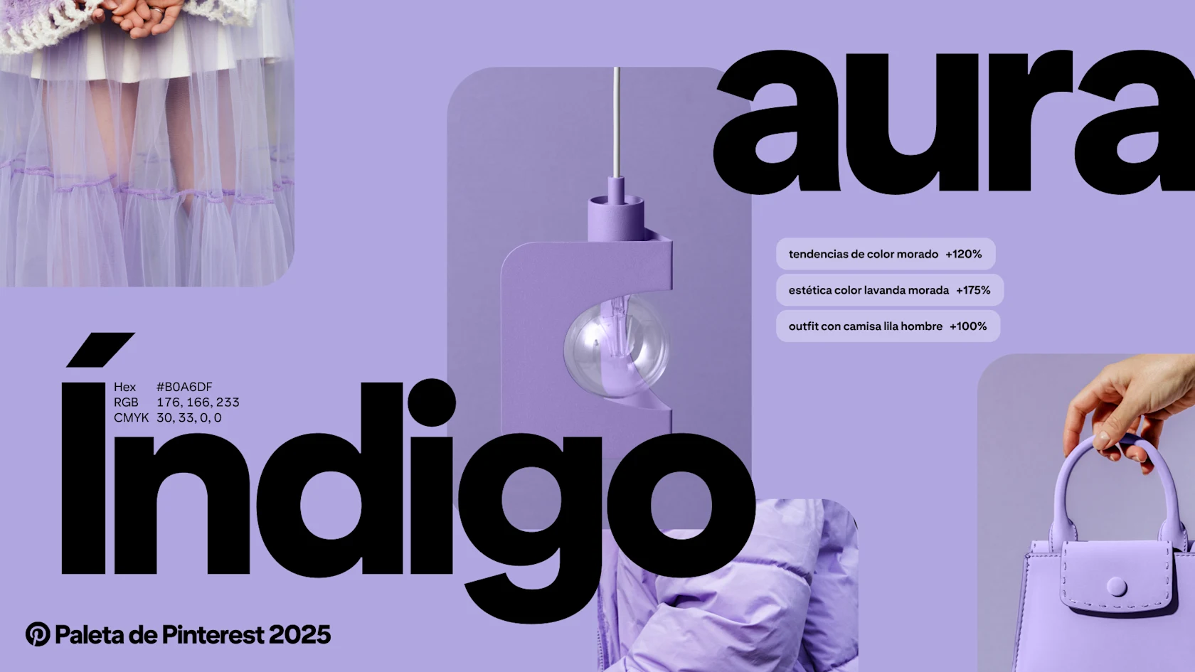 Las palabras “Índigo aura” aparecen sobre imágenes de color y búsquedas de Pinterest de color púrpura claro.