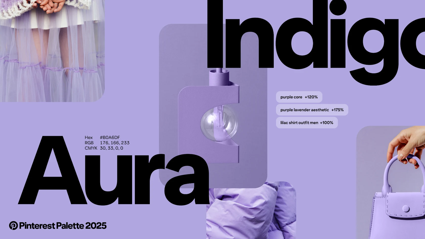 The words "Aura Indigo" over light purple images and Pinterest searches