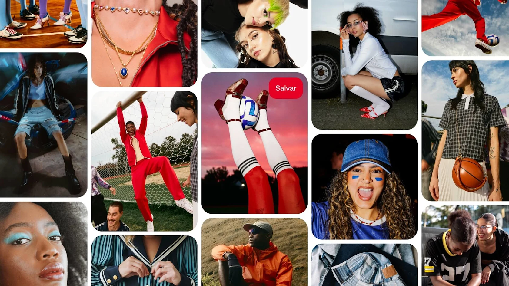 Colagem vibrante de moda esportiva e street style, com pessoas usando roupas inspiradas no futebol, acessórios marcantes e looks de verão coloridos e dinâmicos.