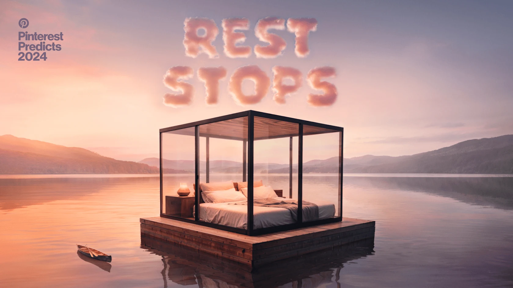 a wooden deck supports a cozy bed and lamp enclosed with glass, and the structure floats on a tranquil river at sunset