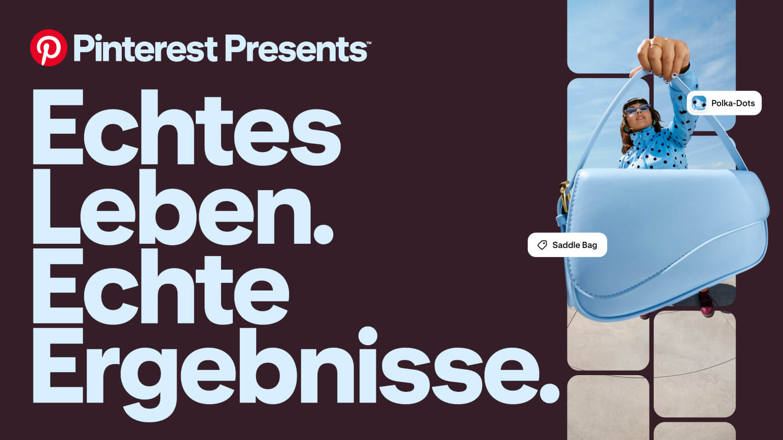 Pinterest Presents: Real Life. Real Results Branding. Frau mit Handtasche und Shopping-Tags