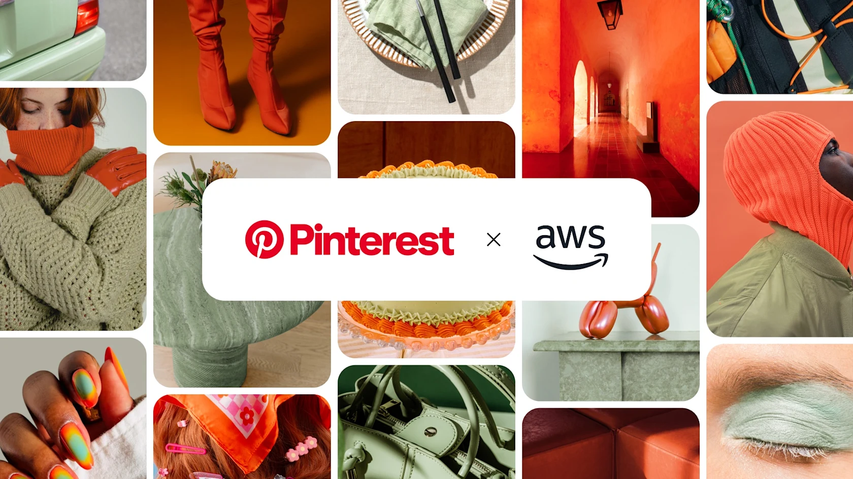 The image shows the logos for Pinterest and AWS (Amazon Web Services) with a multiplication symbol between them, suggesting a partnership or collaboration, set against a collage of photos featuring orange and light green colors.