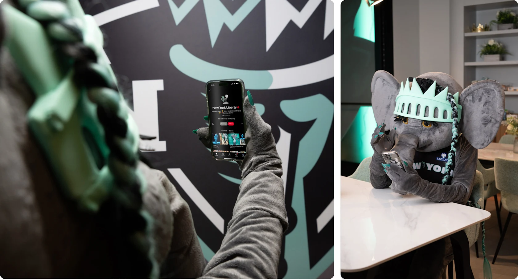 Left: The New York Liberty mascot, Elle the Elephant, holds up a phone displaying the New York Liberty Pinterest profile. Right: Elle the Elephant sits at a table looking at her phone