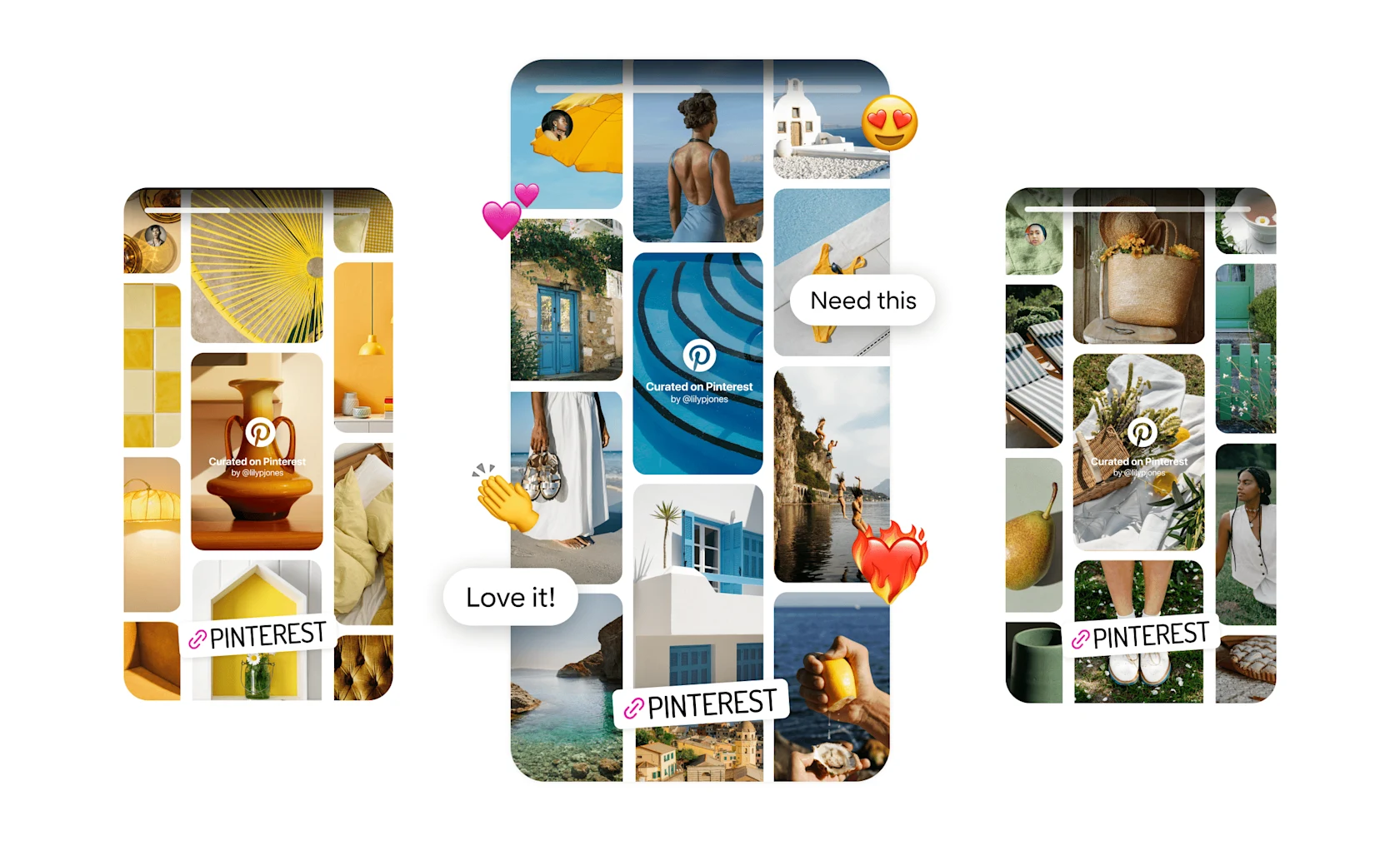 Three Pinterest boards with emoji reactions surrounding them
