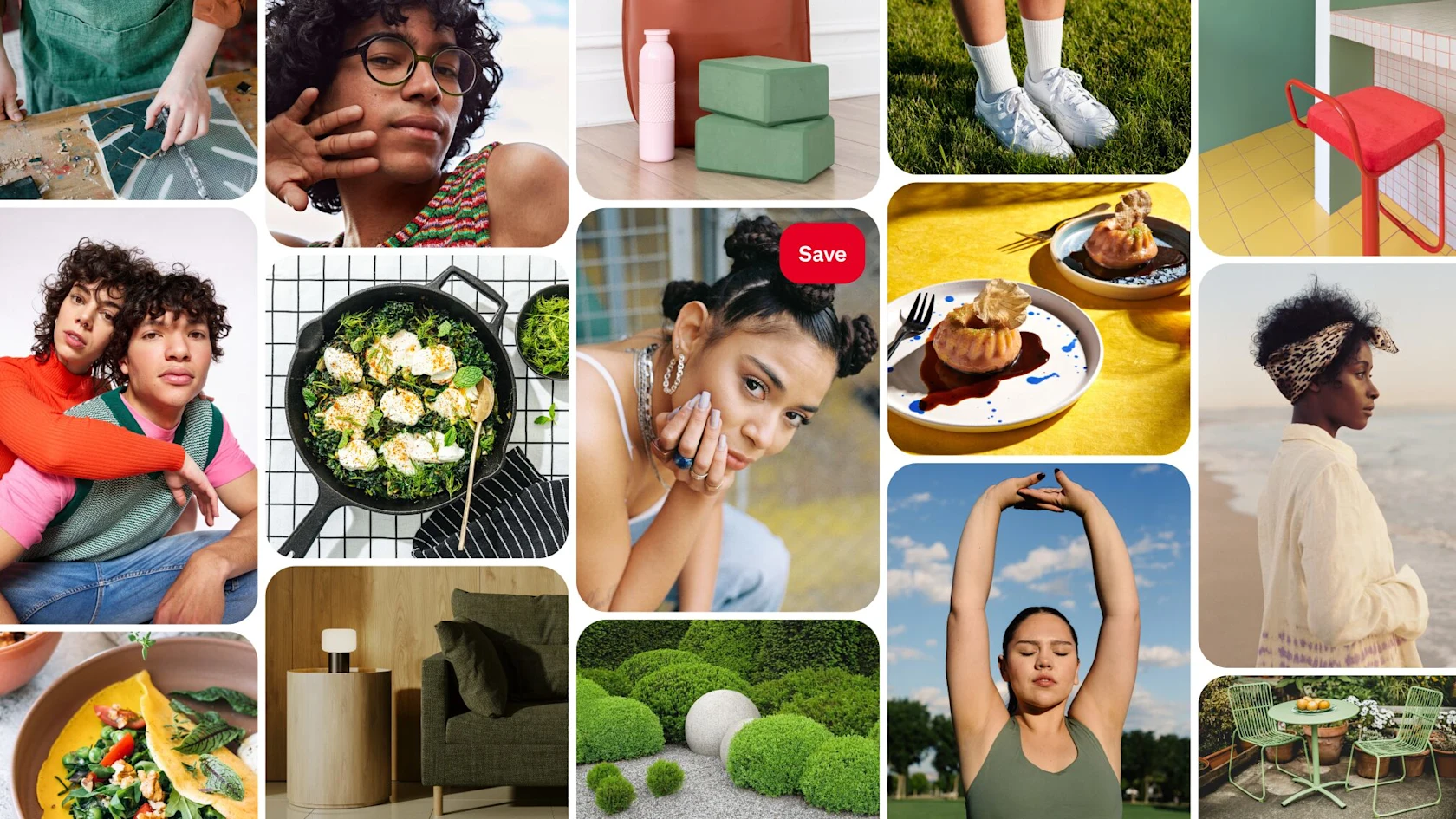 A colorful collage of lifestyle images, including people, food, plants, home decor, and outdoor scenes.