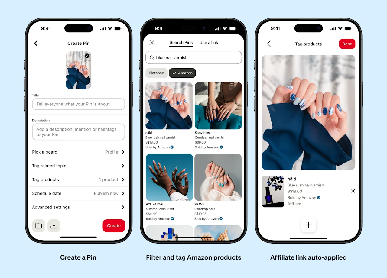 Three mobile screens showing the creator flow for Amazon product tagging on Pinterest: creating a Pin, filtering and tagging Amazon products, and automatic affiliate link application.