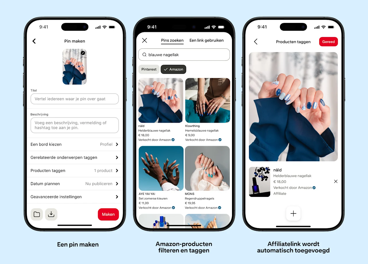 Drie mobiele schermen tonen de makersworkflow voor het taggen van Amazon-producten op Pinterest: een pin maken, filteren en Amazon-producten taggen, en automatisch affiliatelinks toepassen.