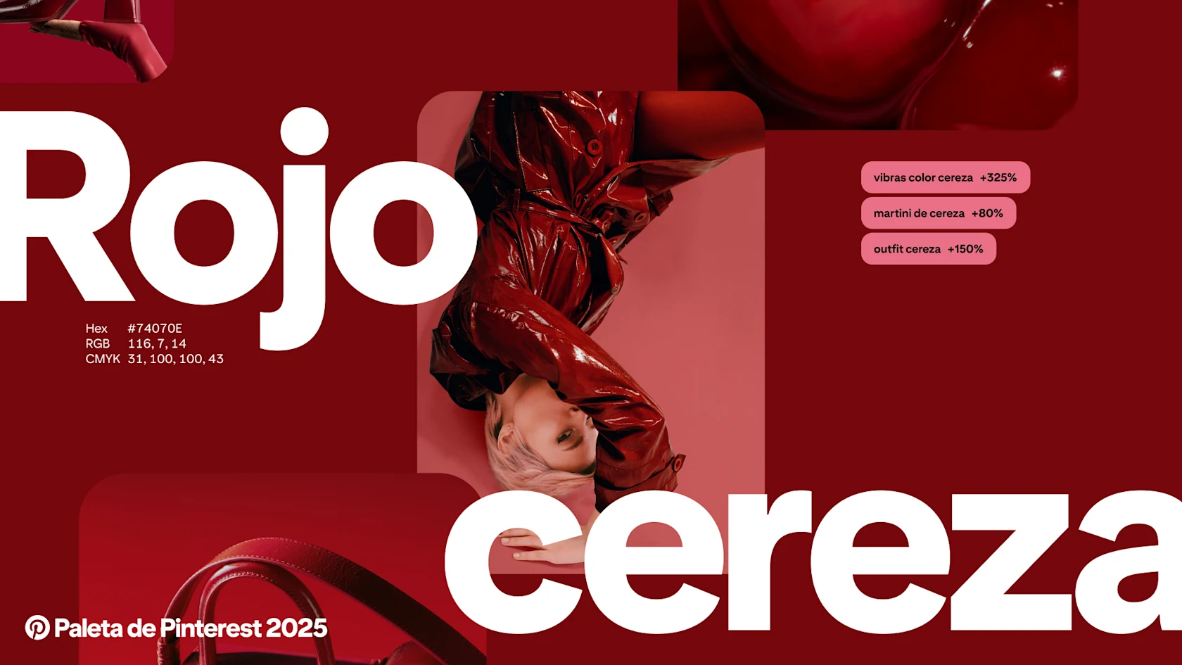 Las palabras “Rojo cereza” aparecen sobre un collage de imágenes y búsquedas de Pinterest de color rojo oscuro.