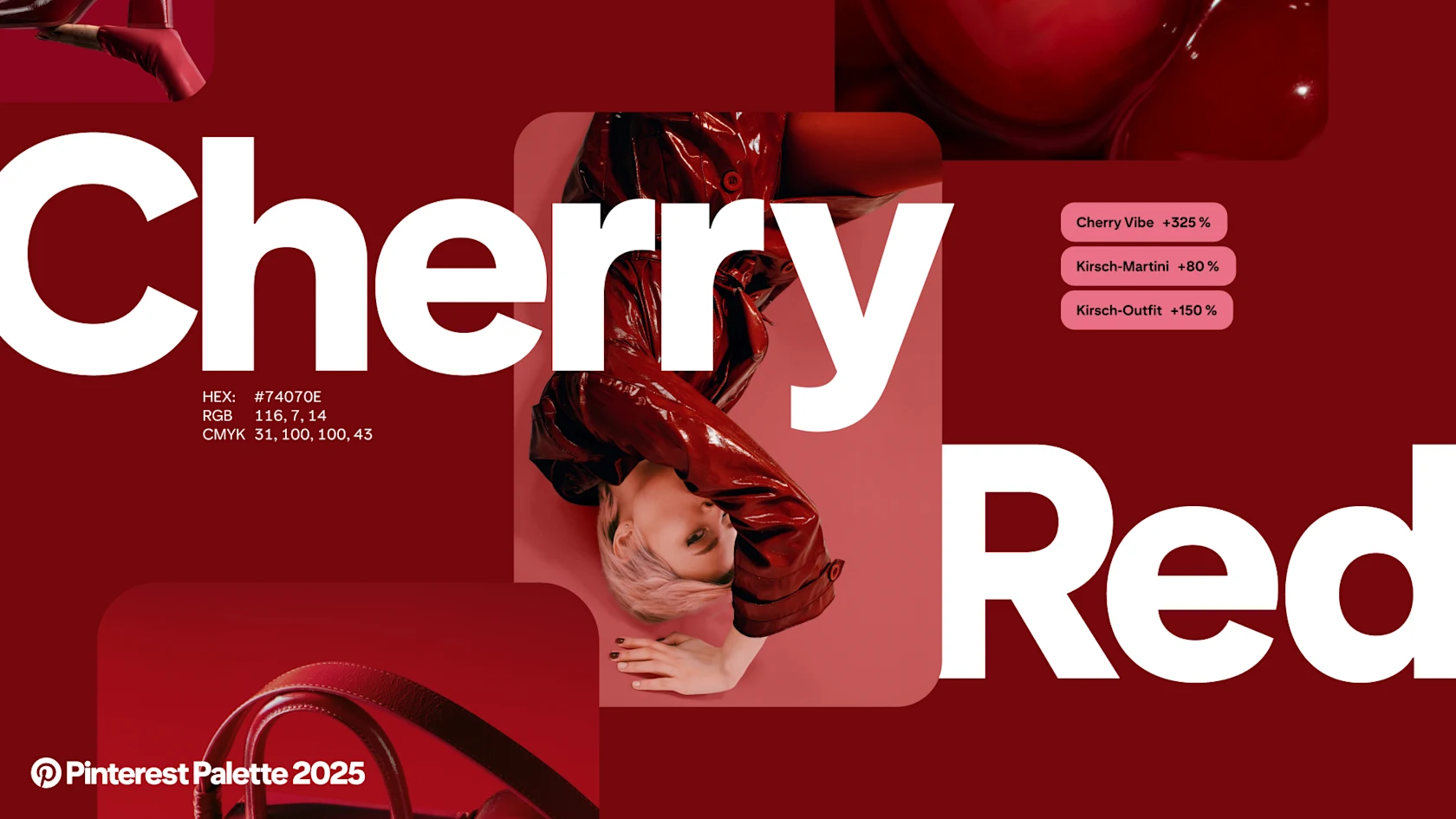 Die Wörter „Cherry Red“ über einer Collage aus dunkelroten Bildern und Pinterest-Suchanfragen
