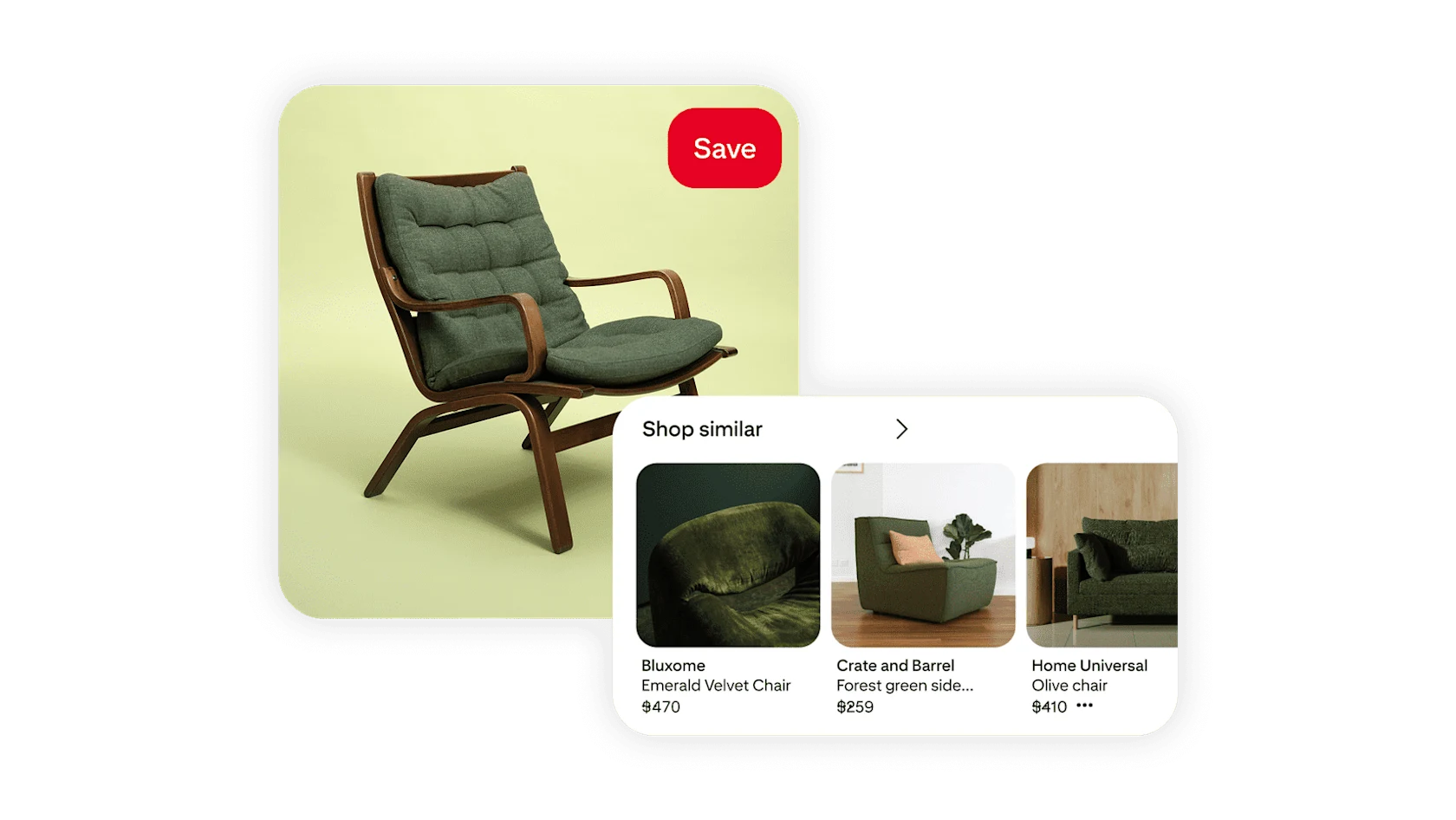 A green cushioned lounge chair with wooden arms is displayed, along with suggestions for similar chairs in various styles and prices