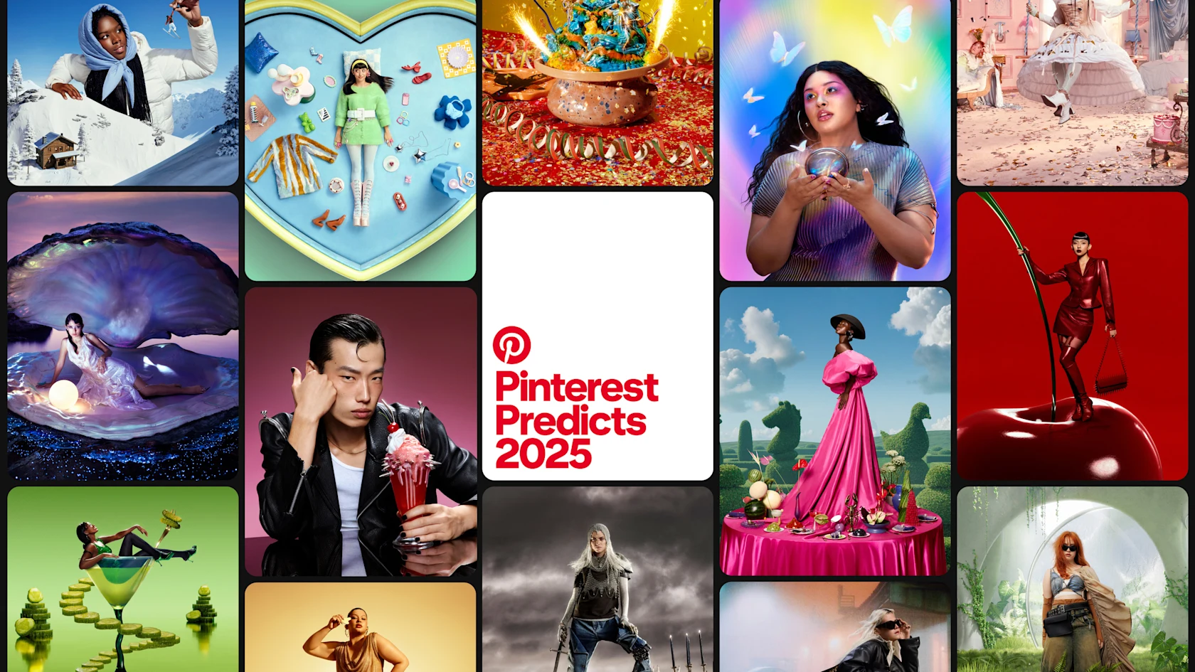 A grid of images representing the 2025 Pinterest Predicts trends, including Cherry Coded, Rebel Floats, Surreal Soirees and more