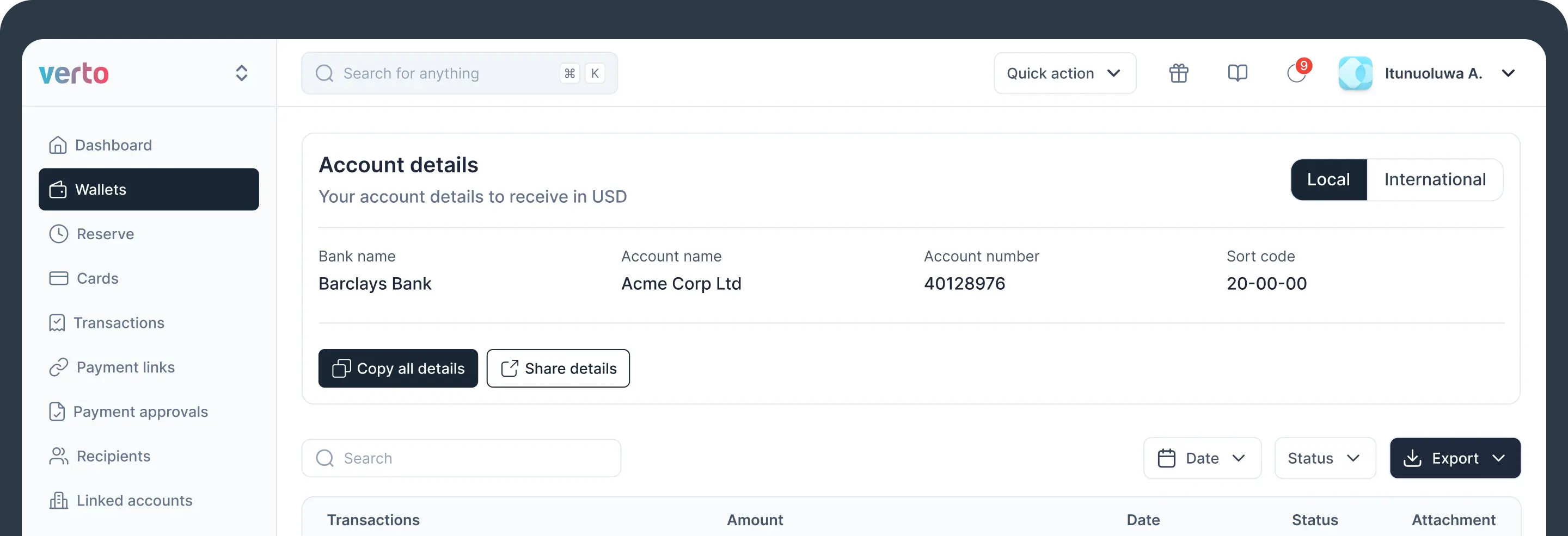 Local account dashboard
