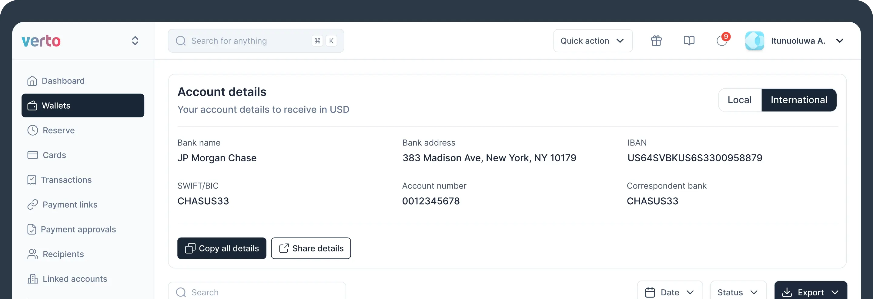 International Payments dashboard