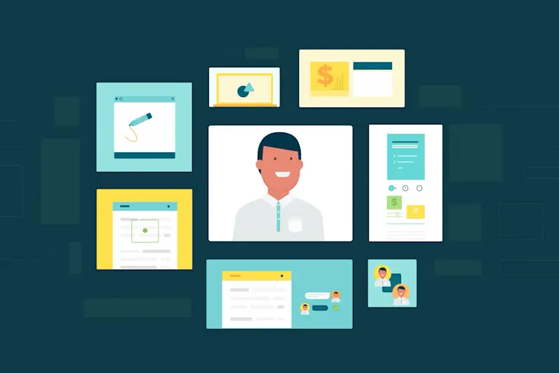 A smiling advisor on a video call, surrounded by screens for drawing, sharing charts, filling out forms and chatting with clients.