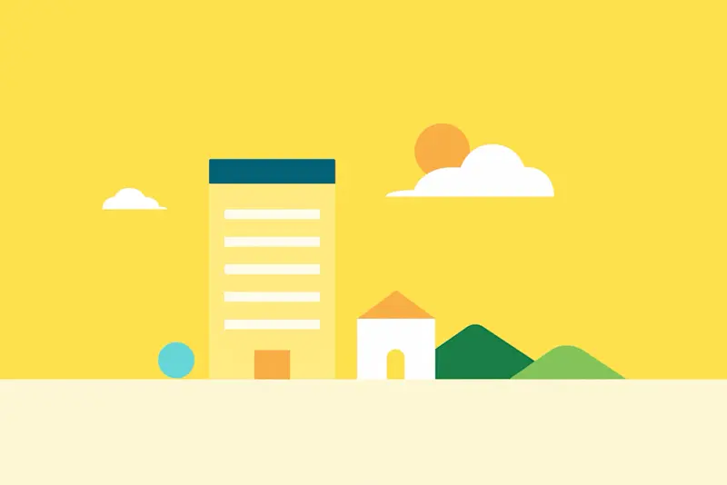 An office tower and a small house side by side under a yellow sky, with clouds, a sun and green hills.