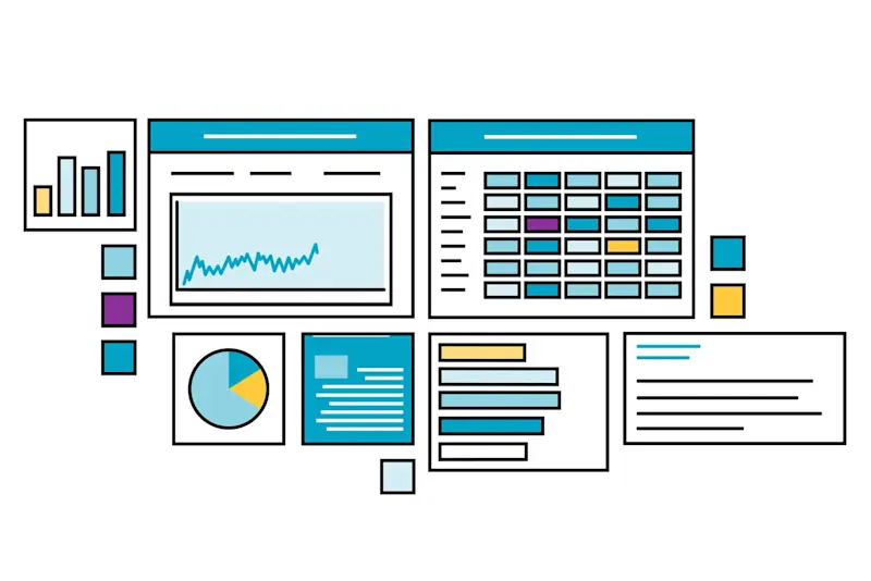 Animated dashboard of flat line-drawn windows with bar, line and pie charts in blue, yellow and purple.