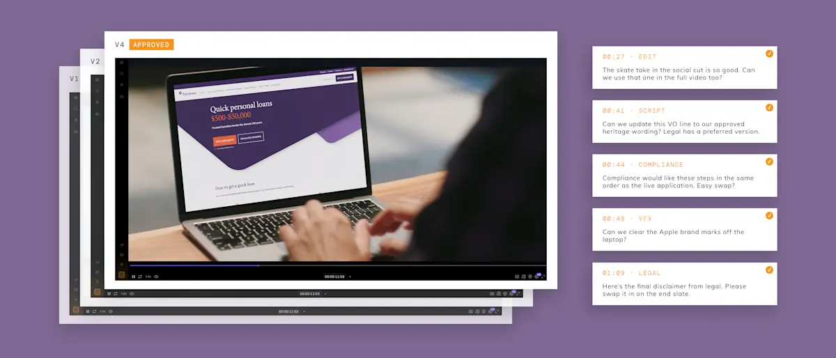 Review screen for Fairstone's Funny Canadian 2 showing the loan application scene and timecoded compliance notes.