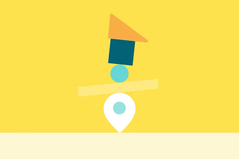 An orange triangle, a teal square, a blue circle and a pale yellow bar stacked and balanced on a white map pin.