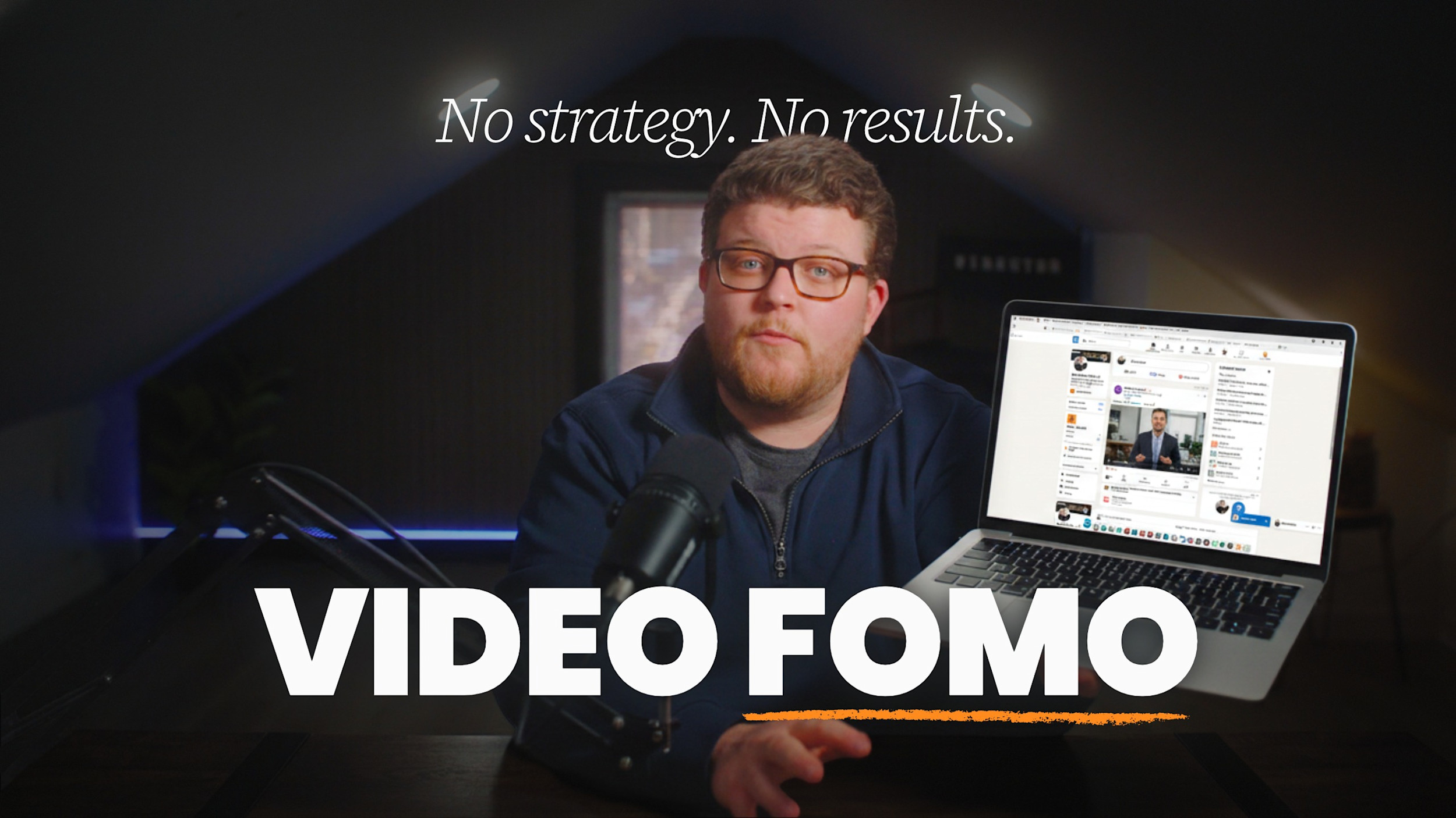 Oak + Rumble's Brandon Hardy at his desk, showing a competitor's LinkedIn video on a laptop under the words "Video FOMO."