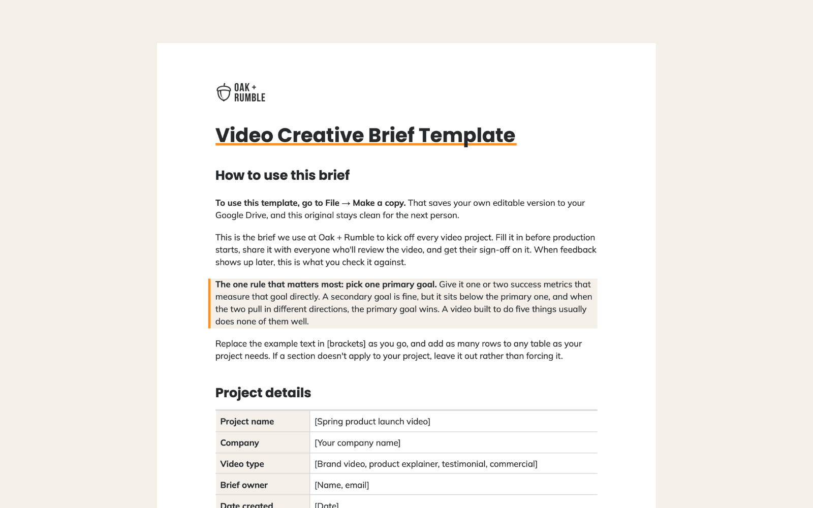 First page of the Oak + Rumble video creative brief template, with its how-to-use notes and project details table