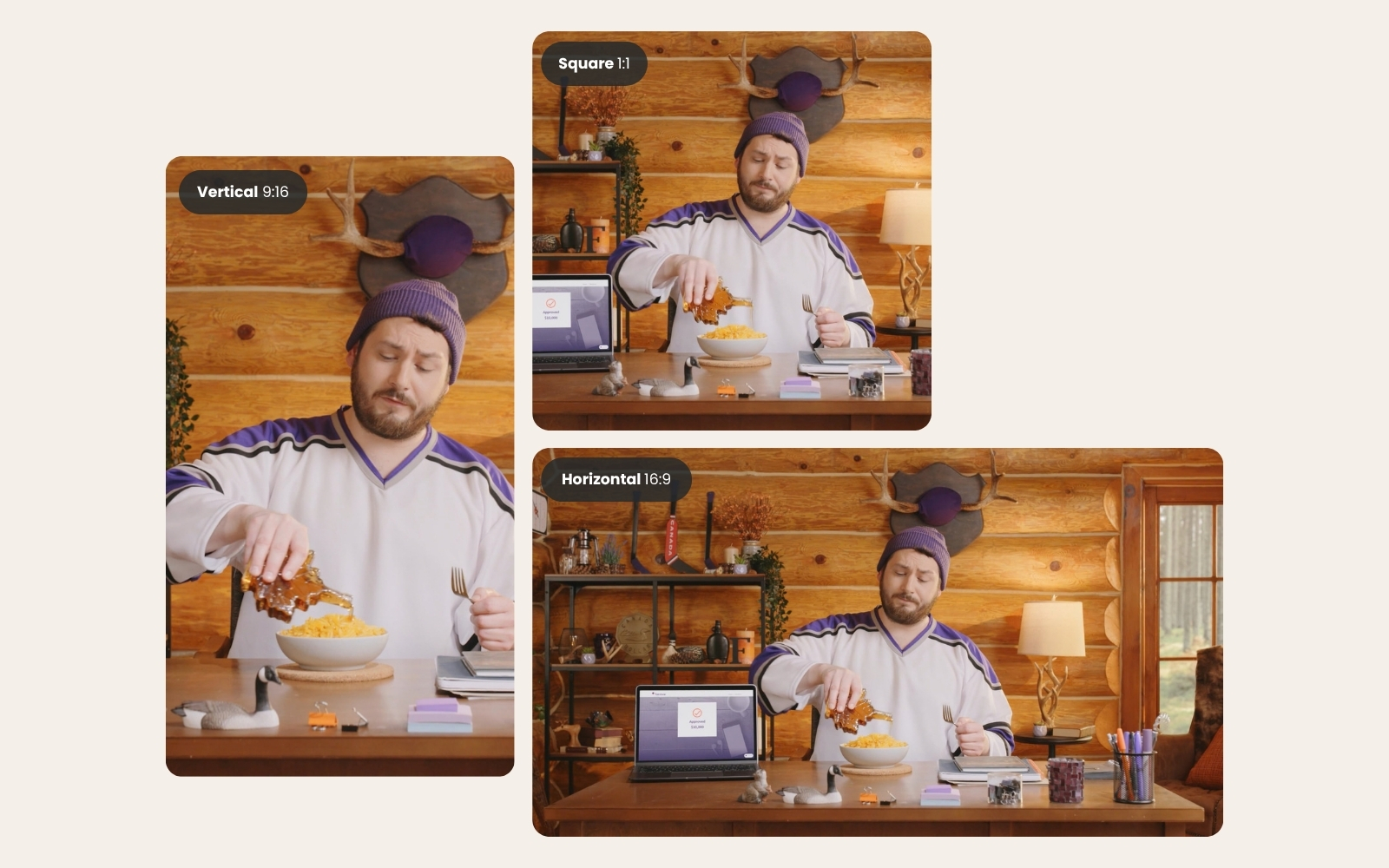 The same video frame cropped three ways: vertical 9:16, square 1:1, and horizontal 16:9.