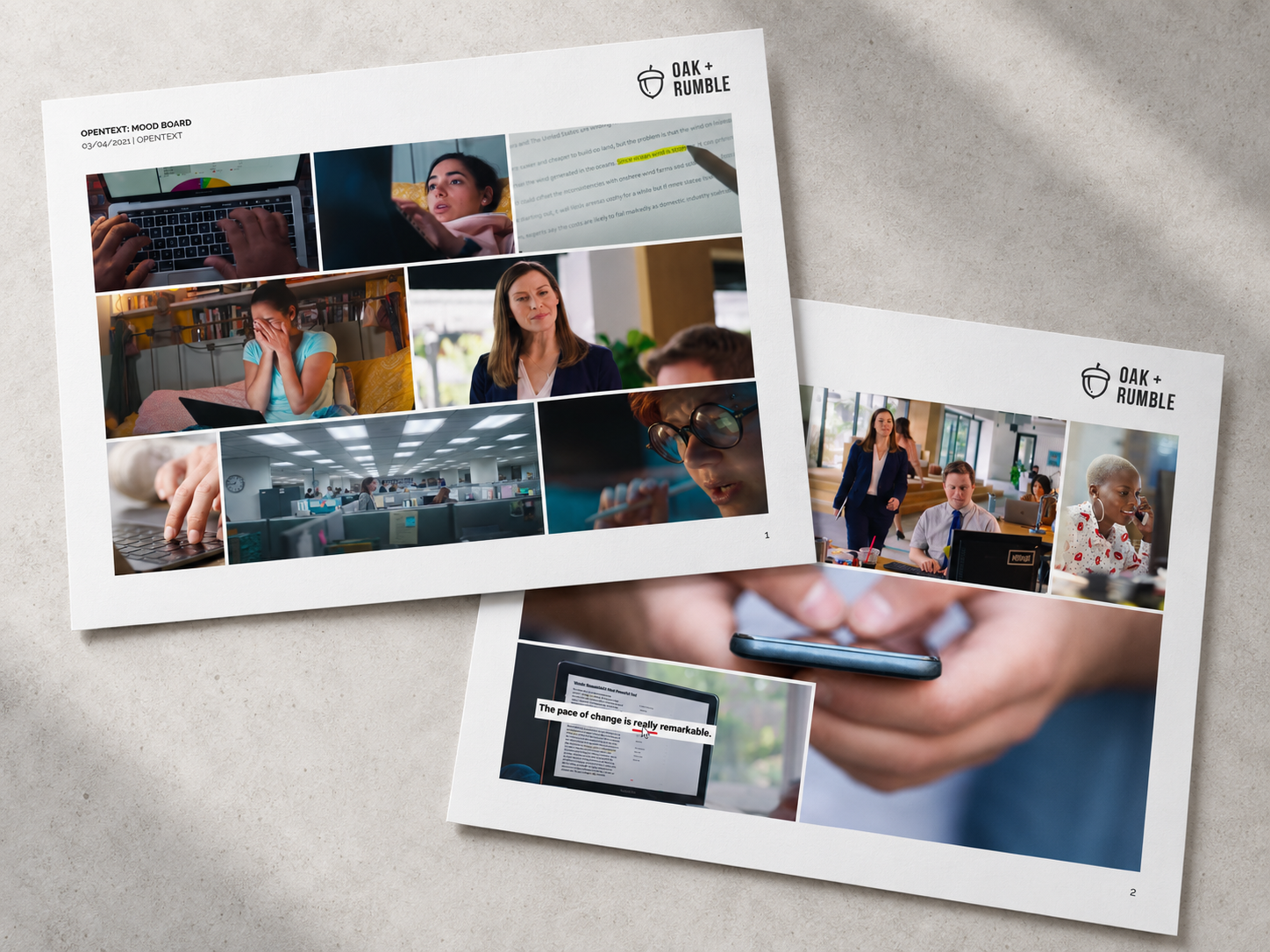 Two pages of an OpenText mood board showing people at laptops, office spaces, and highlighted on-screen text.