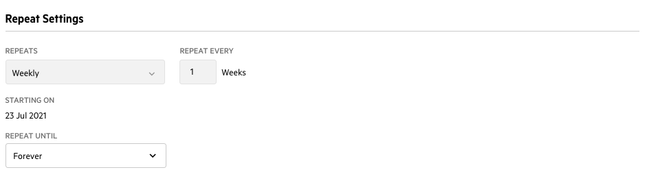 PEW repeat settings in Karbon Screenshot of a repeat settings panel in Karbon showing a weekly recurrence starting on 23 July 2021, set to repeat every one week indefinitely.