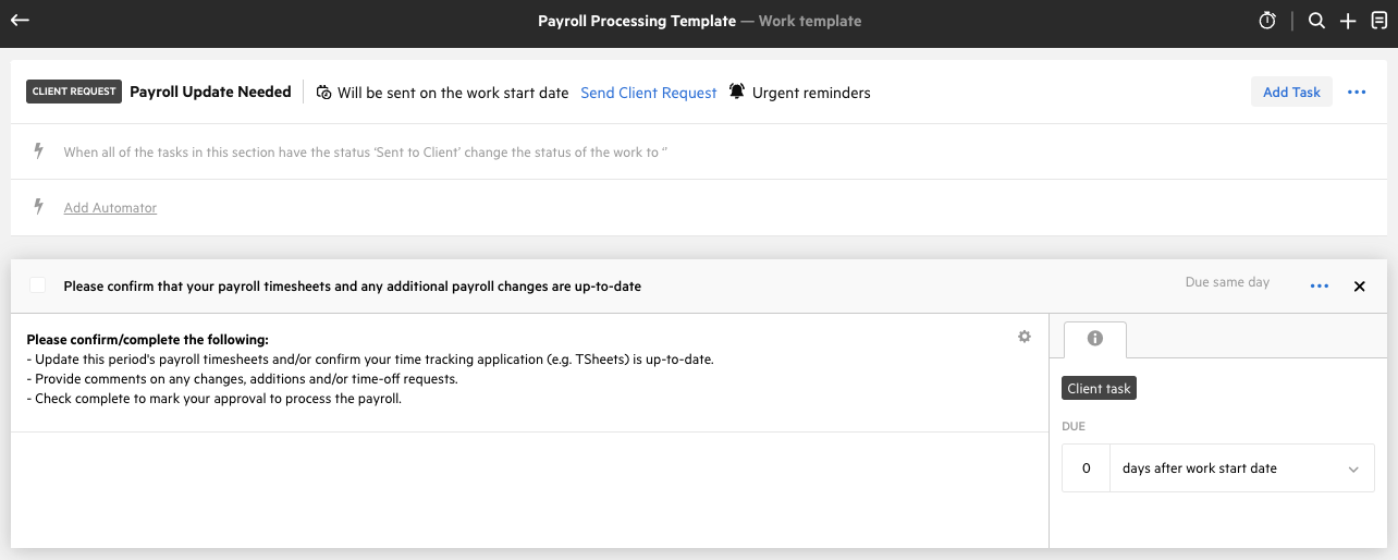 A screenshot of the Payroll Processing template from Karbon, highlighting the automatic client email that will request any updates from clients at the beginning of the work.