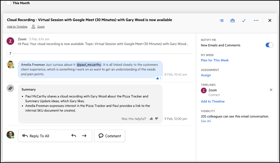 Karbon AI demo The Karbon AI feature provides a summary of a conversation between two colleagues in Triage.